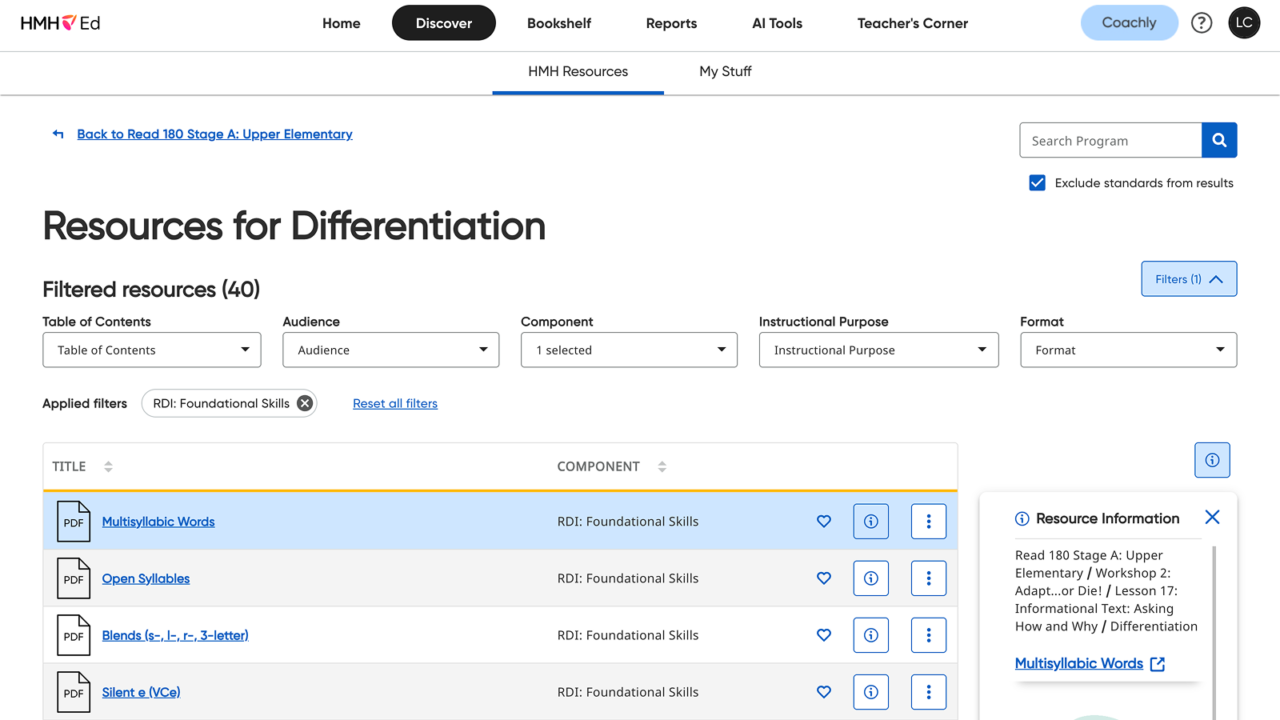 Screenshot showing new Read 180 foundational skills lessons in Ed.