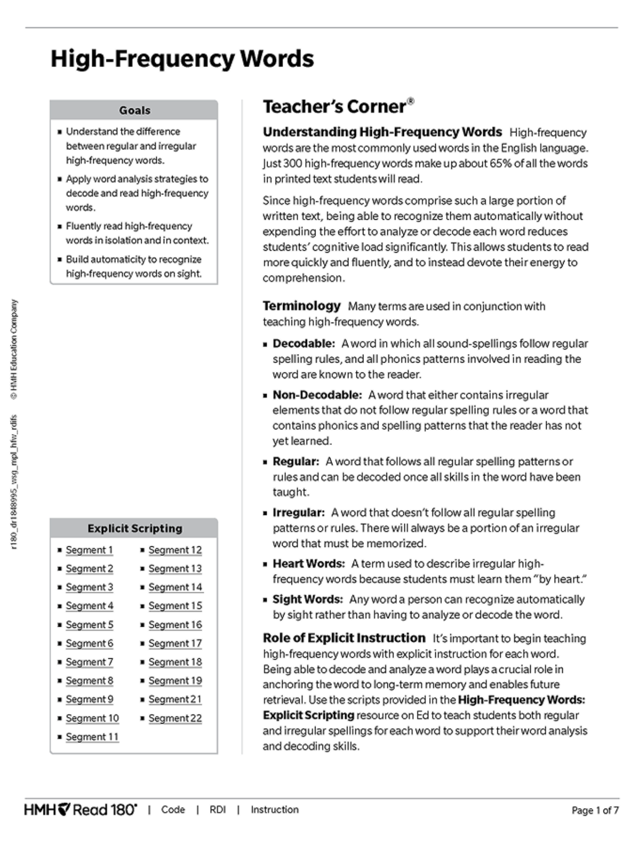 High-Frequency Words guide page with goals, terminology, and teacher support content.