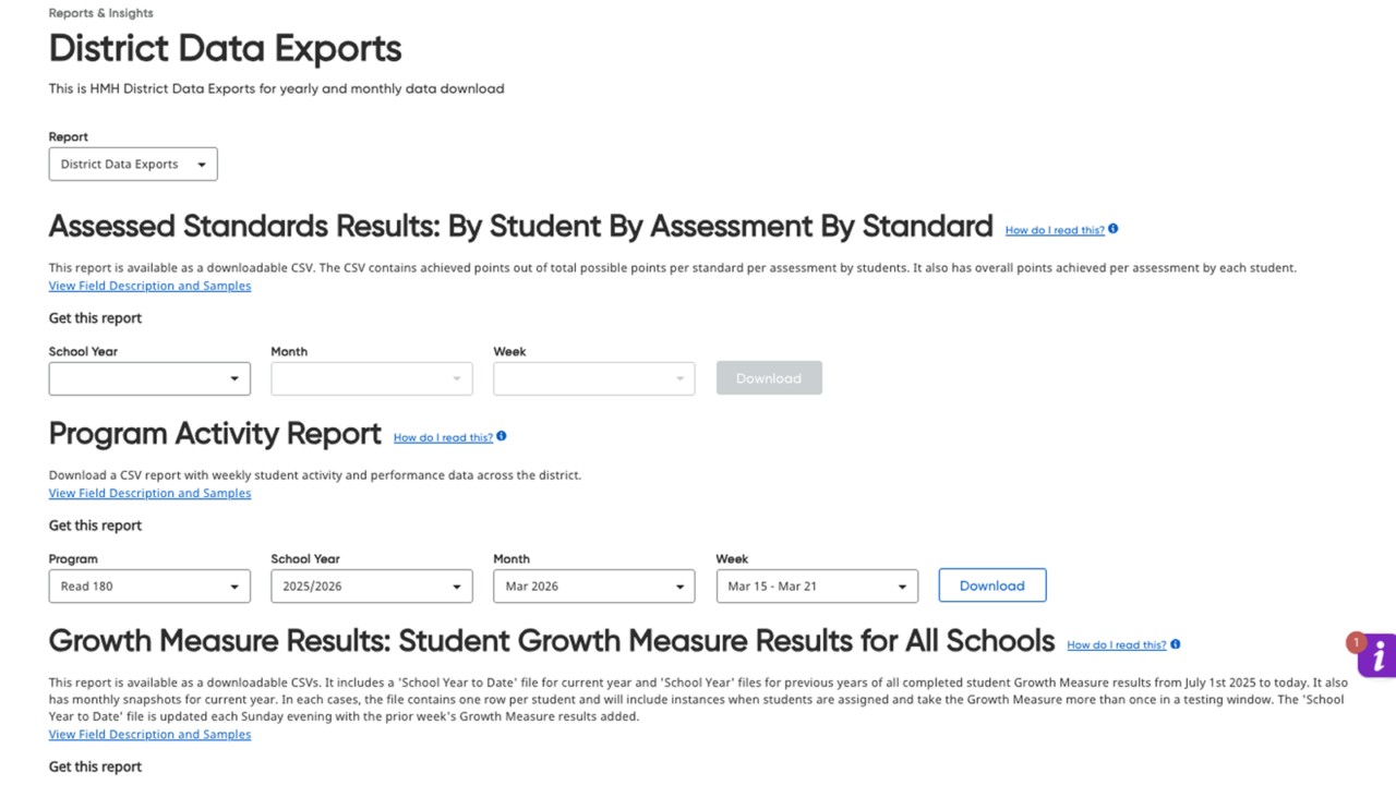 HMH Ed District Data Exports with student activity and performance reports.