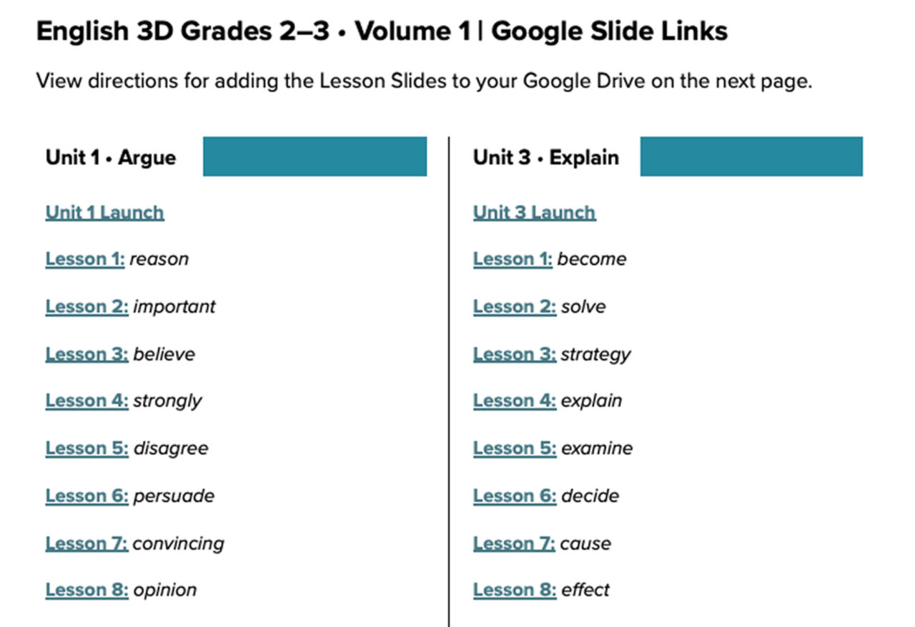 English 3D K-3 Google Slide links page