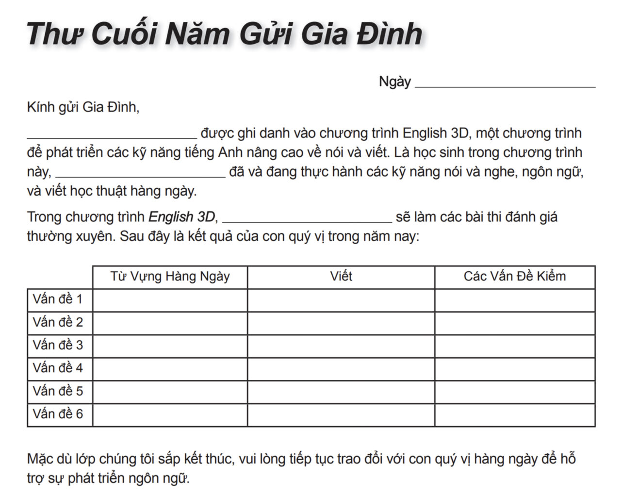 English 3D Vietnamese end of year letter