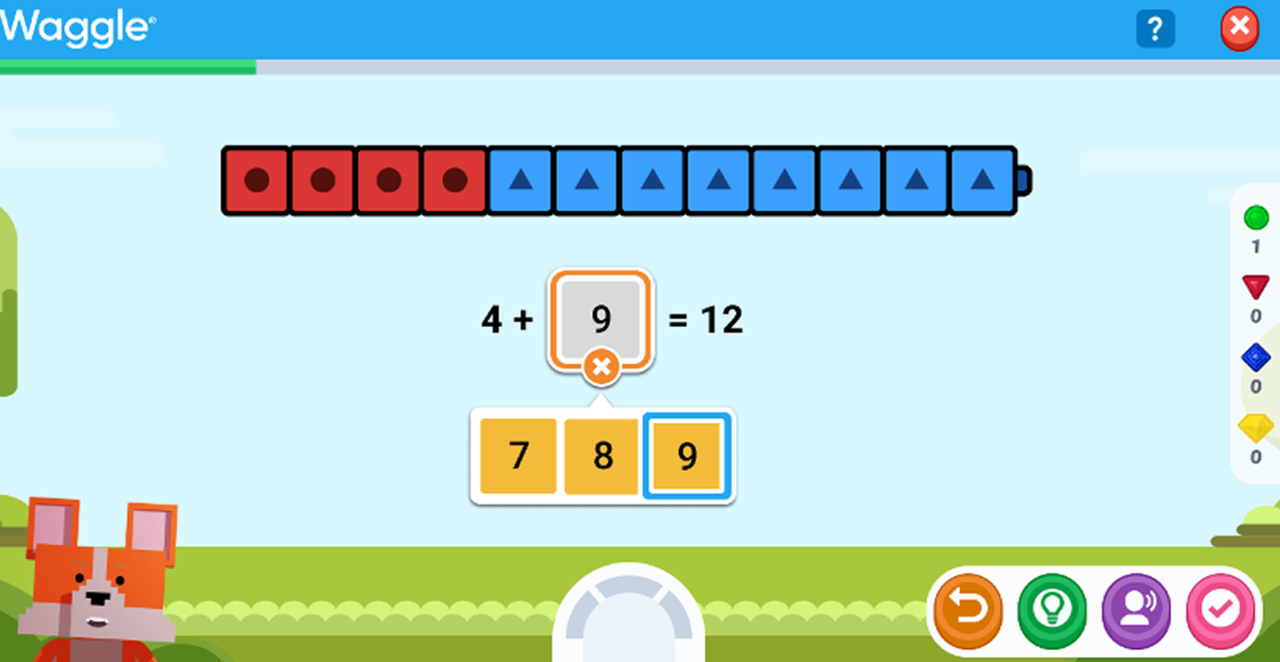 Waggle K–2 math practice screen showing 4 + 9 = 12 with incorrect answer selected.