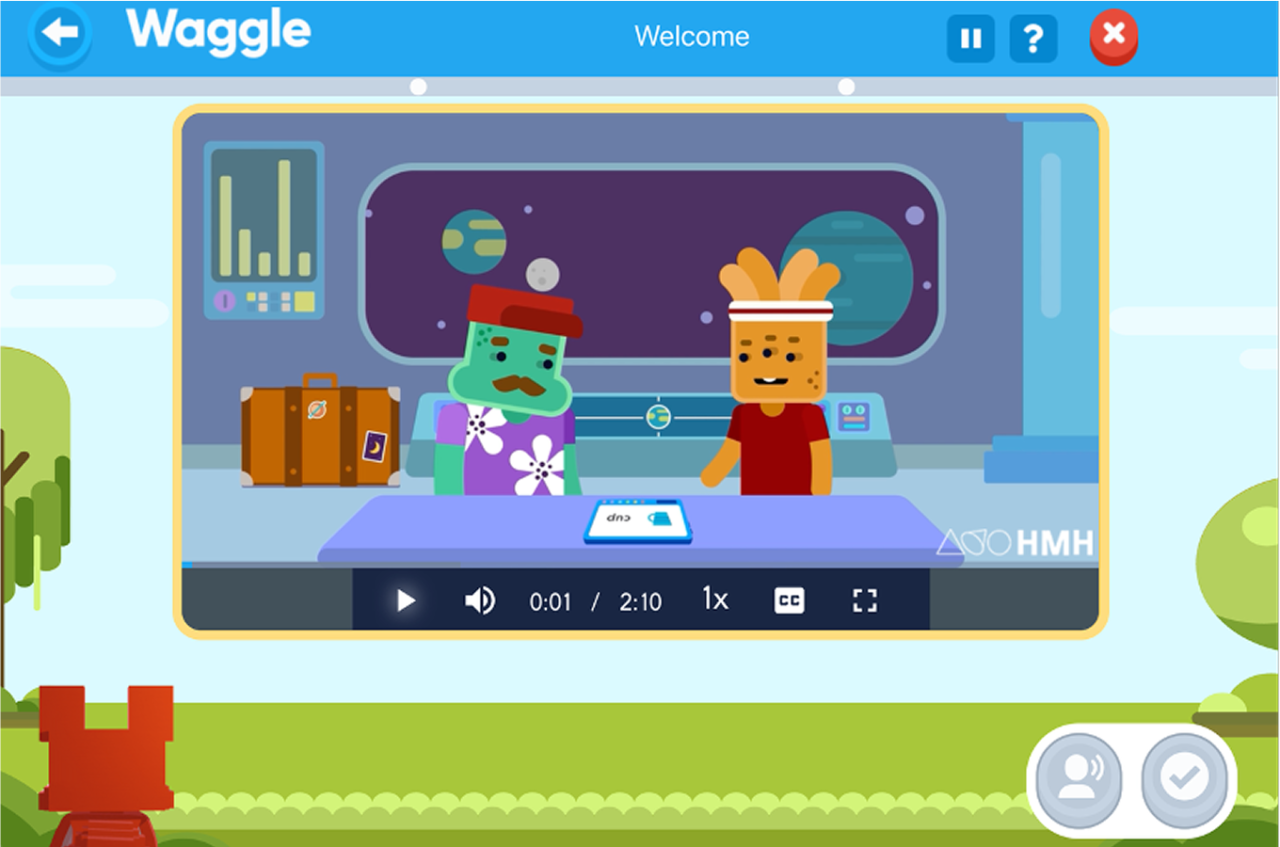 Waggle K–2 Spanish support lesson video screen featuring animated classroom scene.