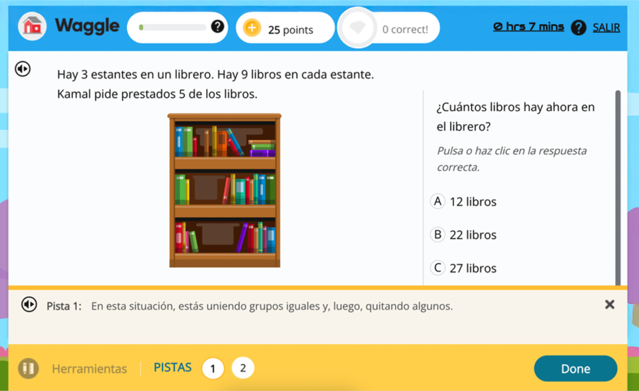 Waggle K–5 Spanish math practice screen featuring word problem with bookshelf illustration.