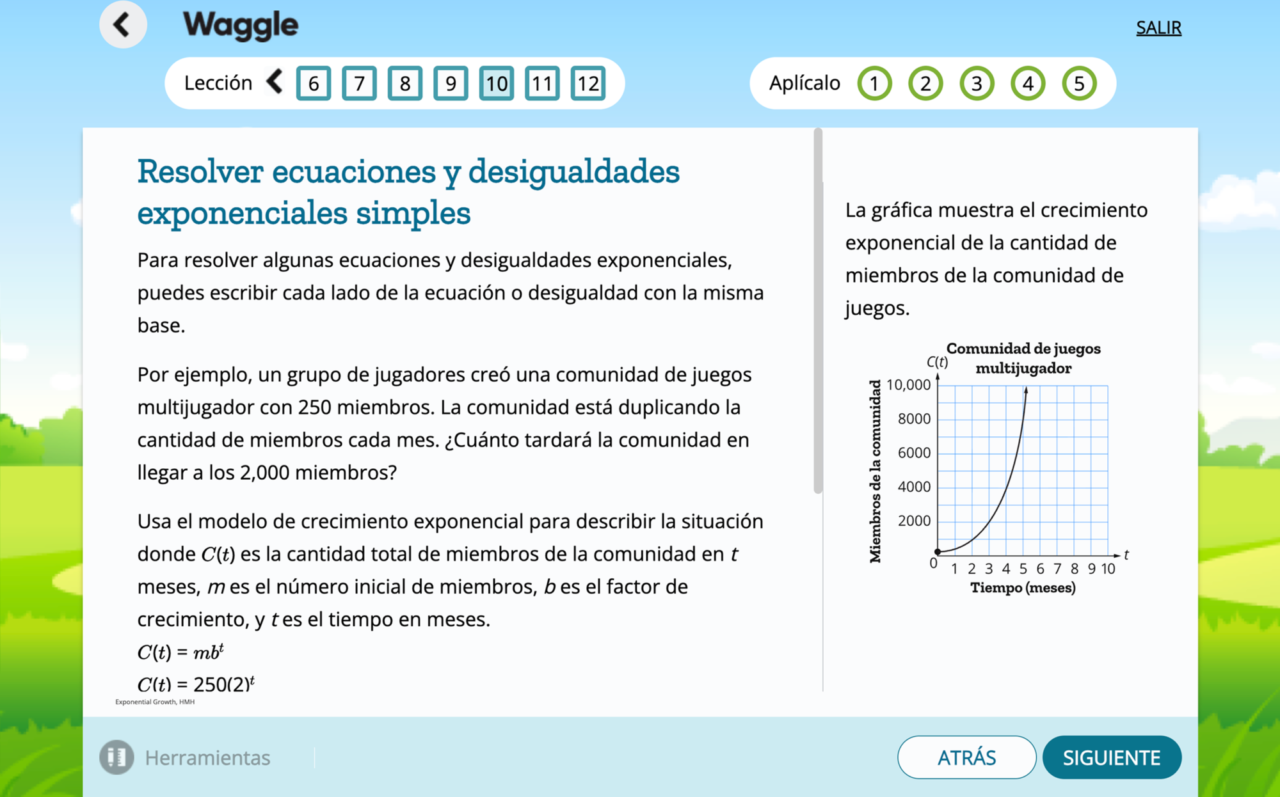 Waggle Spanish Algebra 1 lesson screen on real numbers.