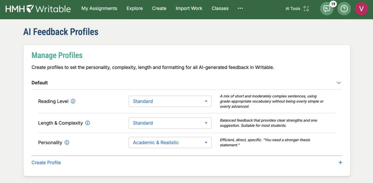 Writable AI Feedback Profiles settings page with customizable tone, complexity, and reading level controls.