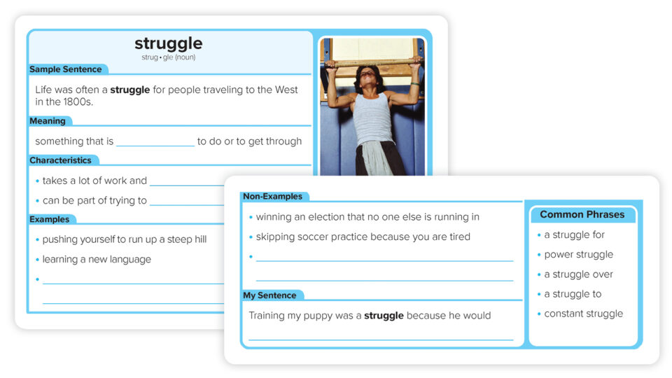 Concept Organizer graphic organizer breaking the vocabulary word "struggle" into meaning, characteristics, examples, non-examples, and common phrases