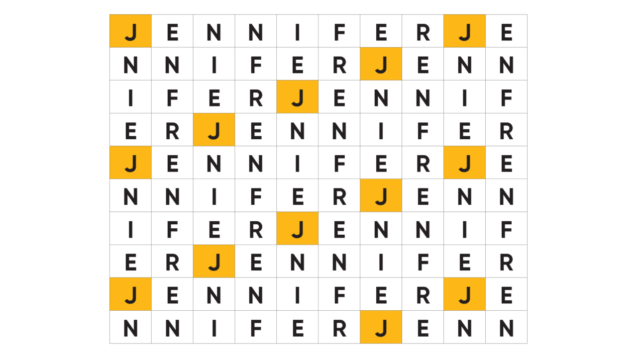 10 by 10 grid containing the name Jennifer written sequentially