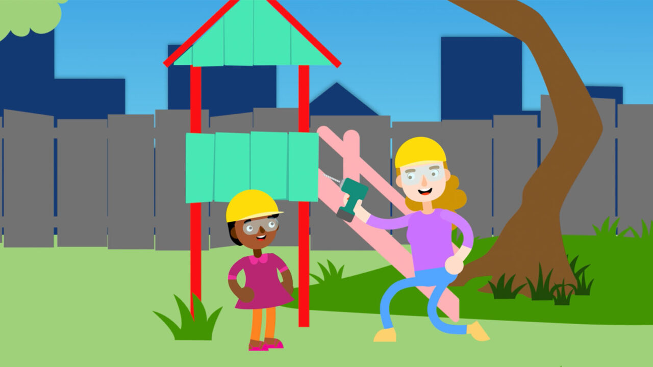 Illustration of student and teaching building playground