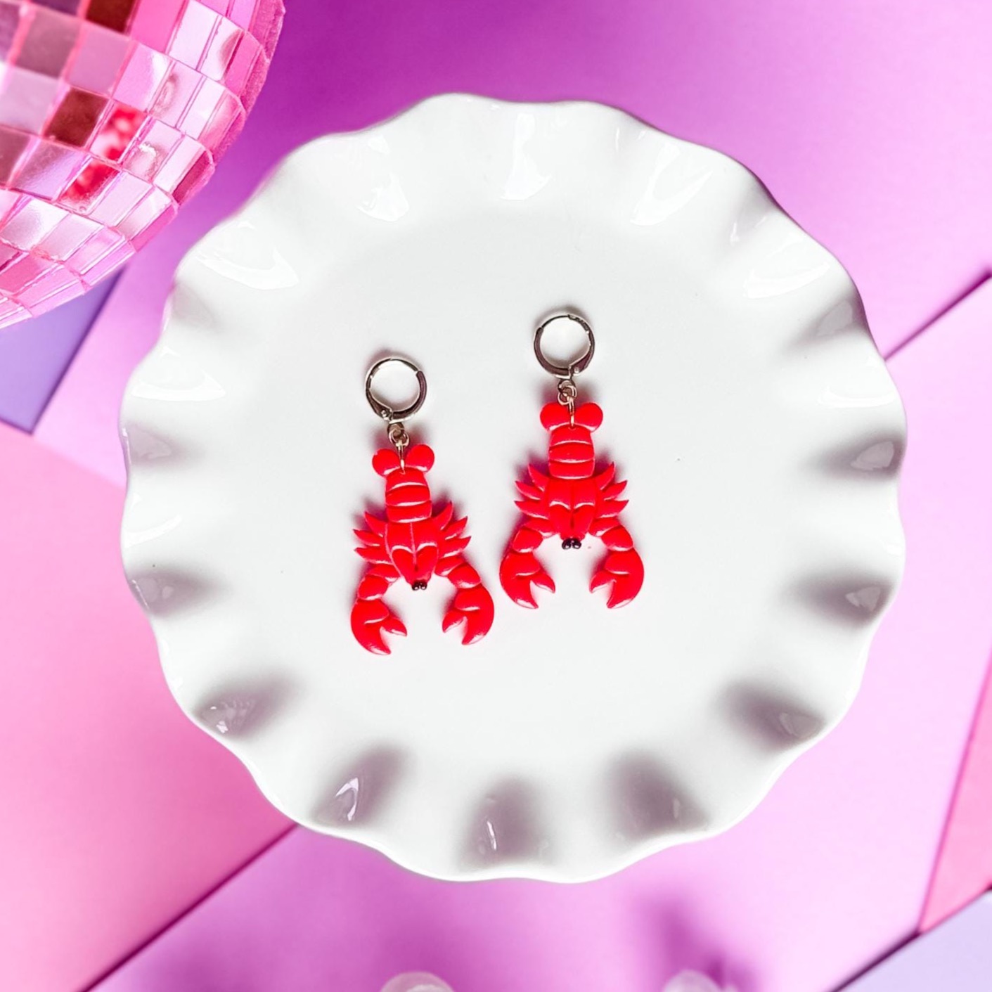 Lobster Earrings | Polymer Clay Design | Gold-Plated Dangles for wholesale by Nelly Rose Jewelry