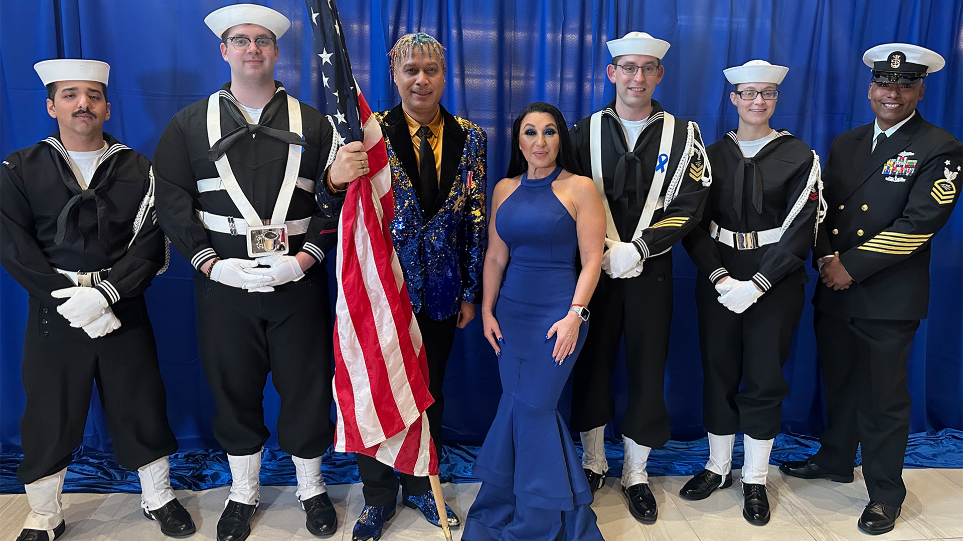 Shefik, Bella Levy, Master Chief Amaury Ponciano, and United States Navy Color Guard