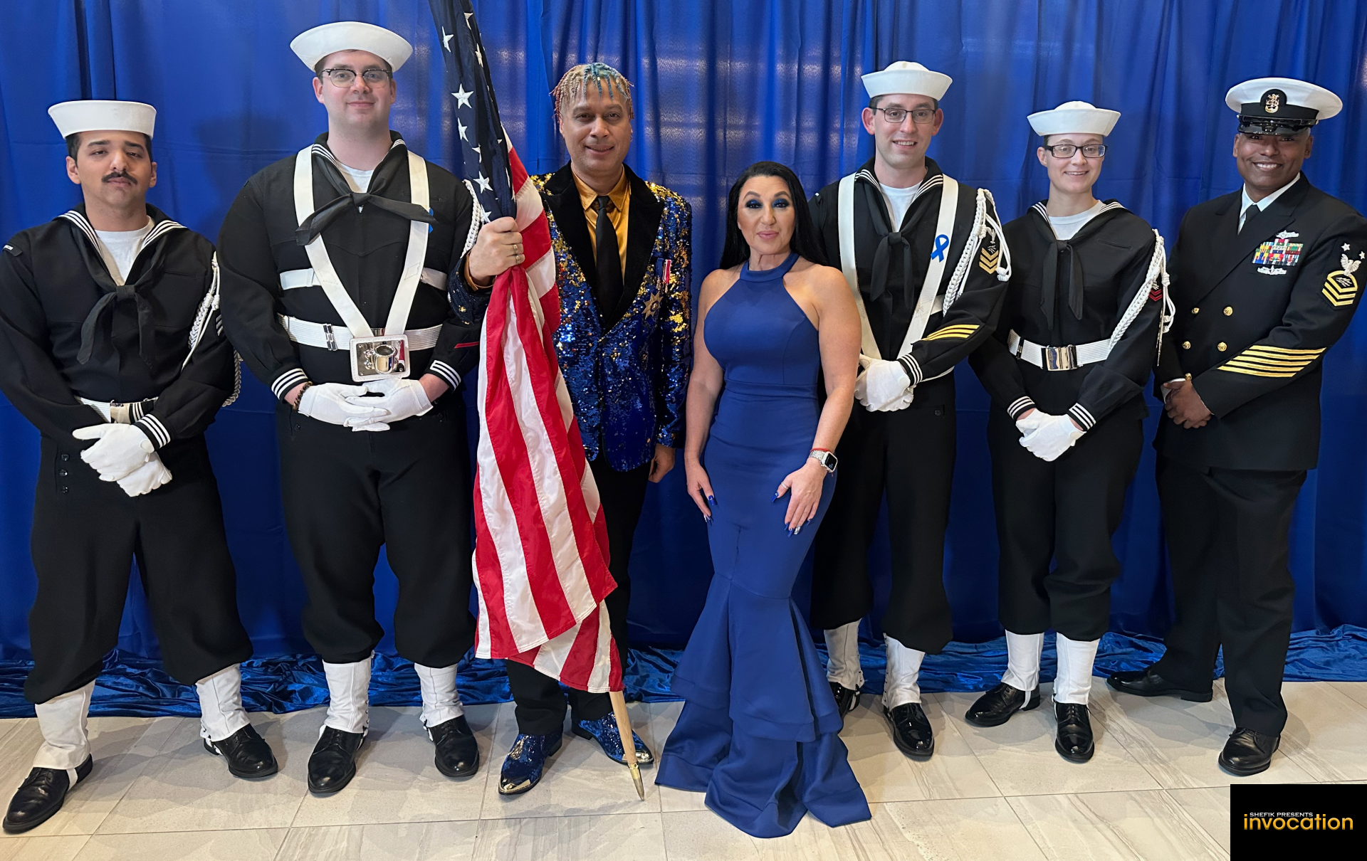Shefik, Bella Levy, Master Chief Amaury Ponciano, and United States Navy Color Guard