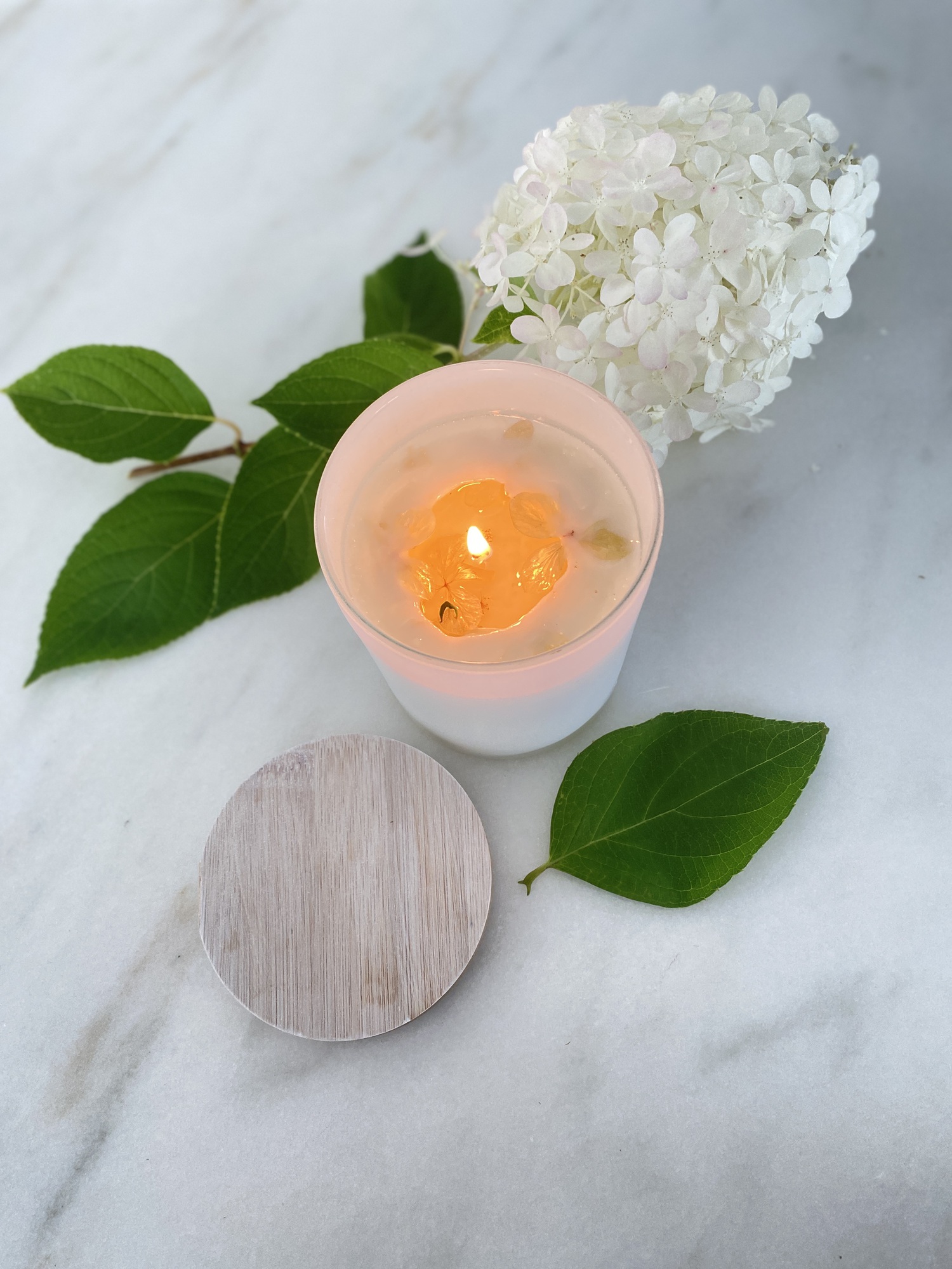 Hydrangea White Candle embellished with dried hydrangea petals