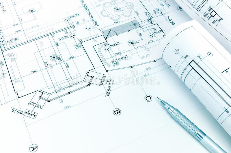 rolled-architectural-blueprints-pencil-floor-plan-drawing-mechanic-93665595.jpg