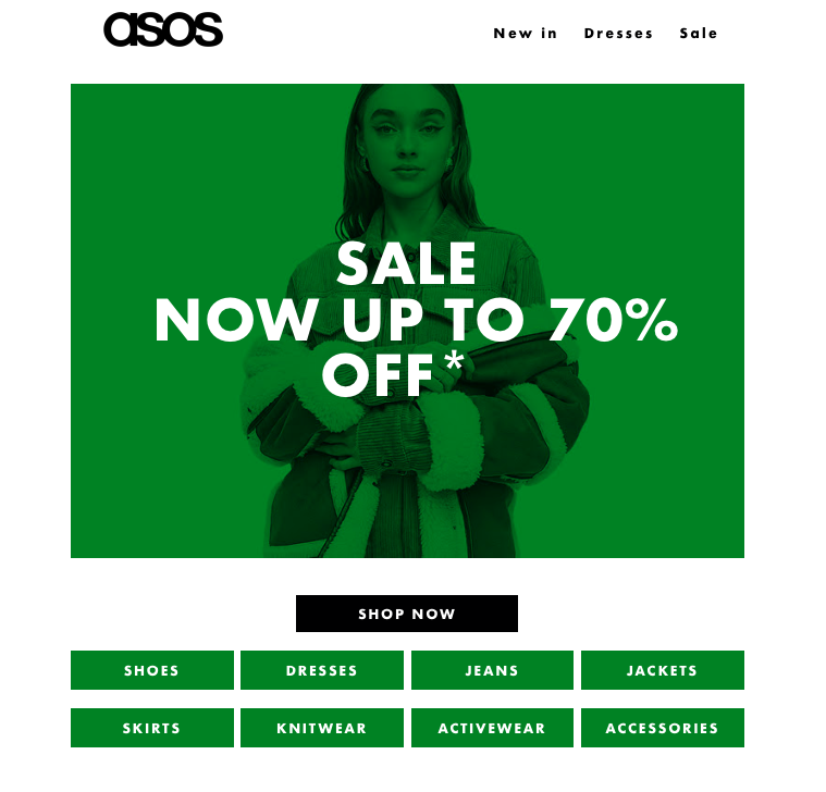 ASOS 電子報視覺呈現,分類標明商品