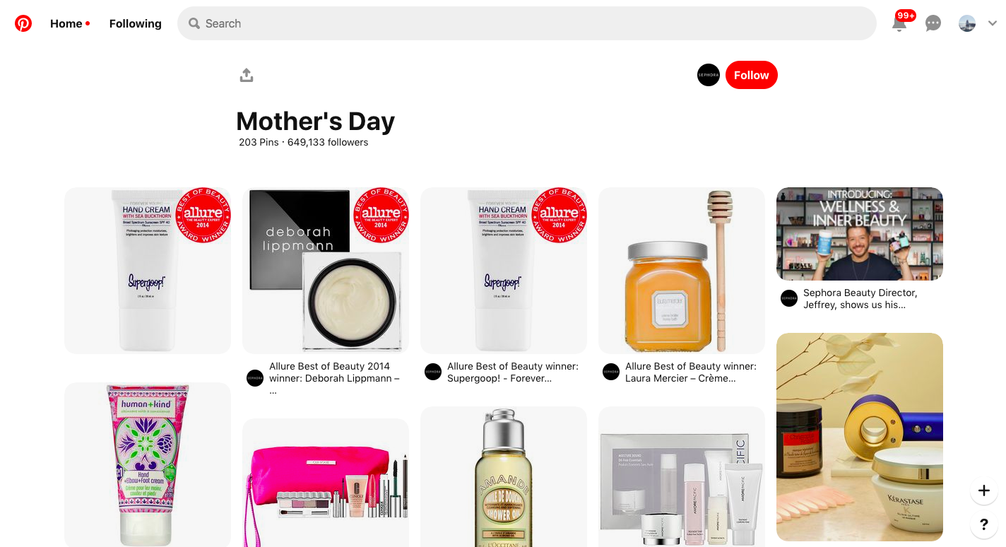 Sephora 在 Pinterest 開設母親節促銷專區