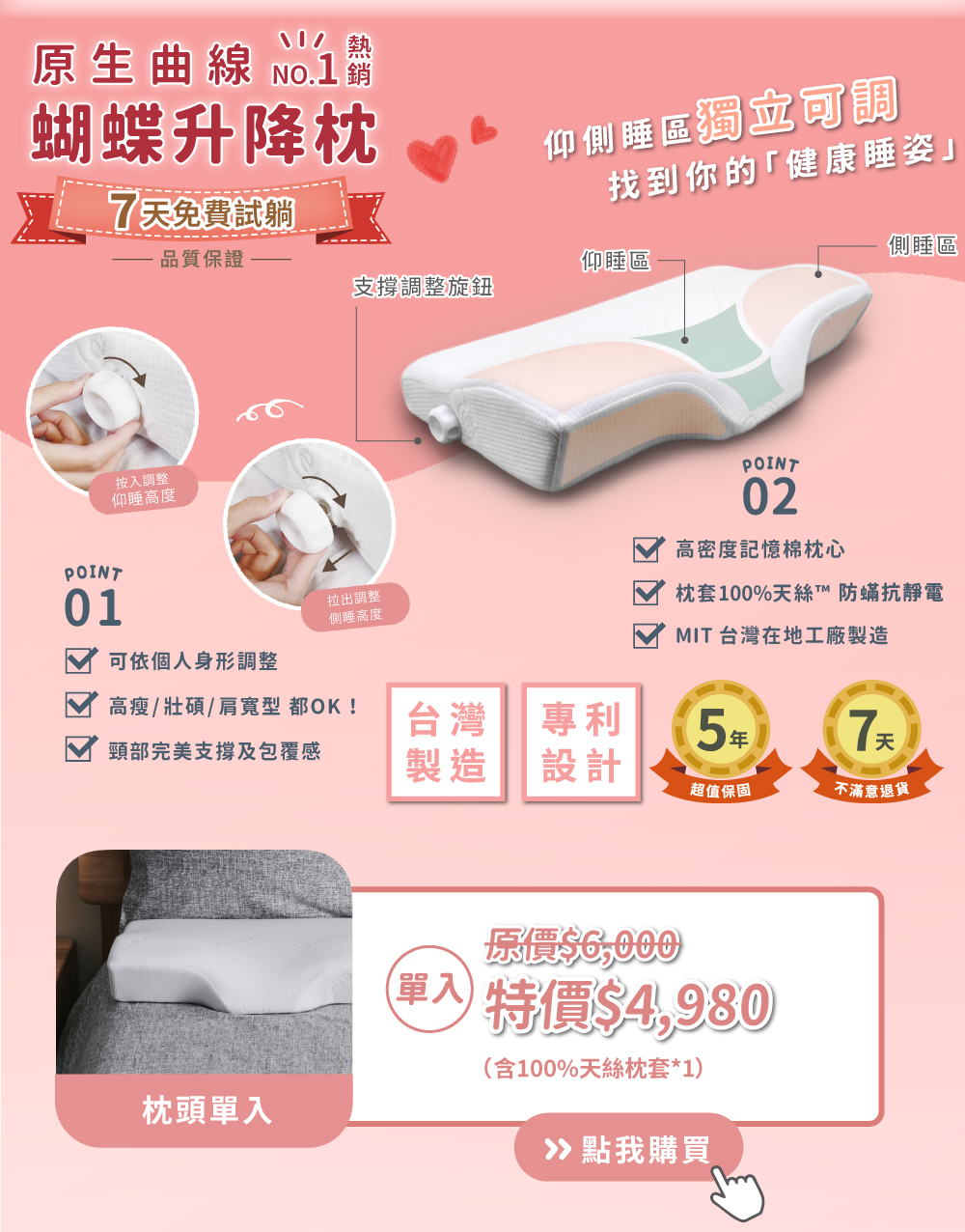 身體智慧_原生曲線_蝴蝶升降枕_單入特價4980元