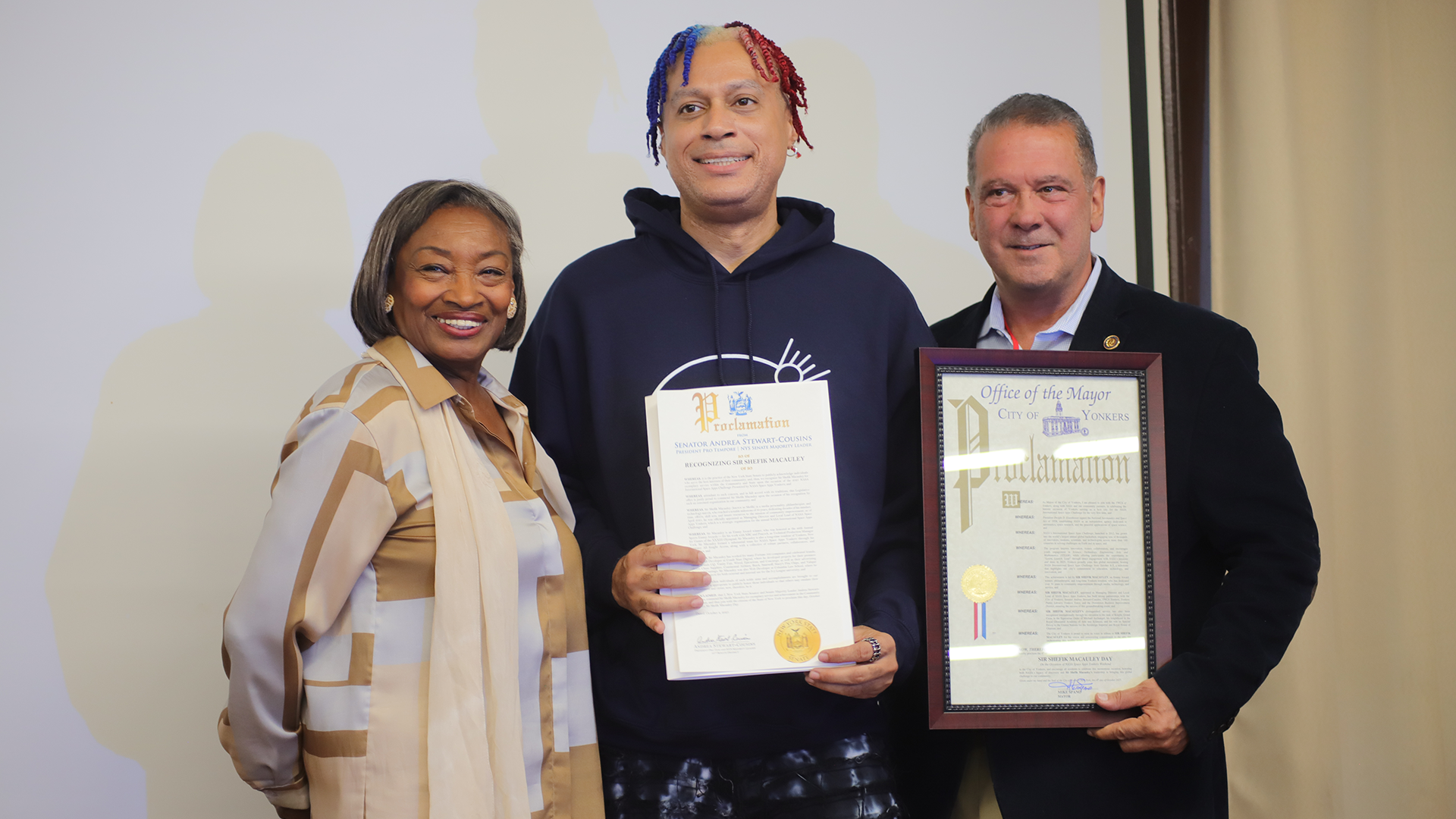 Sir Shefik Macauley with New York State Senator Andrea Stewart-Cousins (President Pro Tempore and Majority Leader) and Mayor Mike Spano of Yonkers, New York. — Photo Credit: