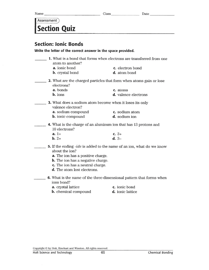 Ionic Bonds Quiz Craig Fisher Library Formative