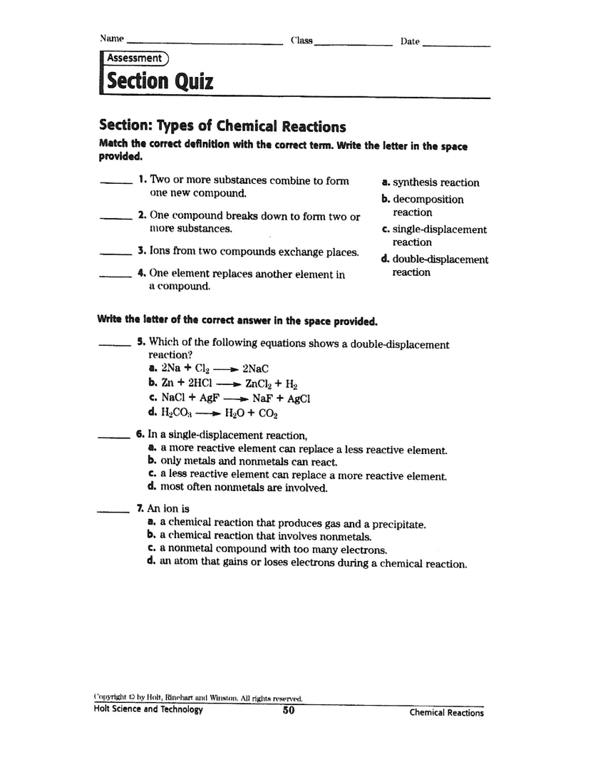 Types of Chemical Reactions Quiz Craig Fisher Library Formative