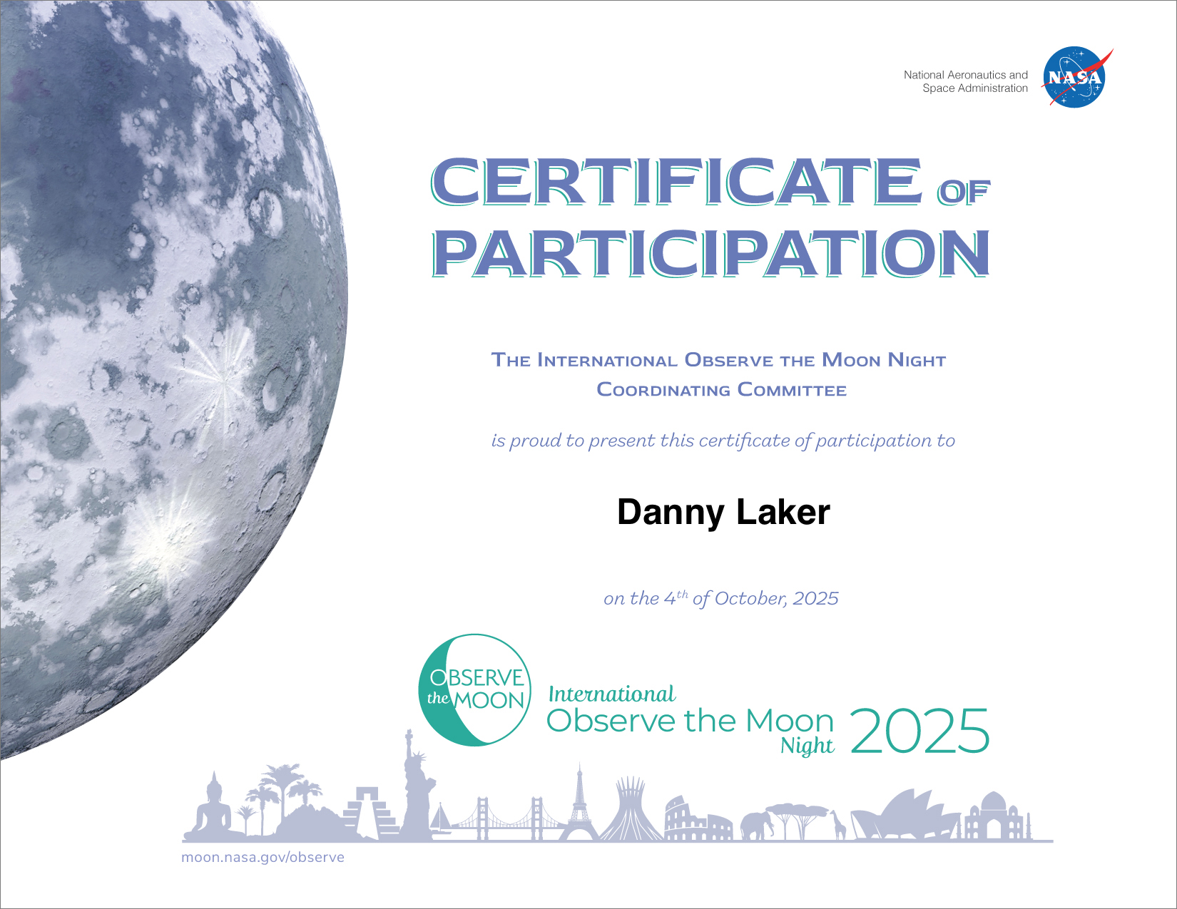 Certificate of Participation for Danny Laker
