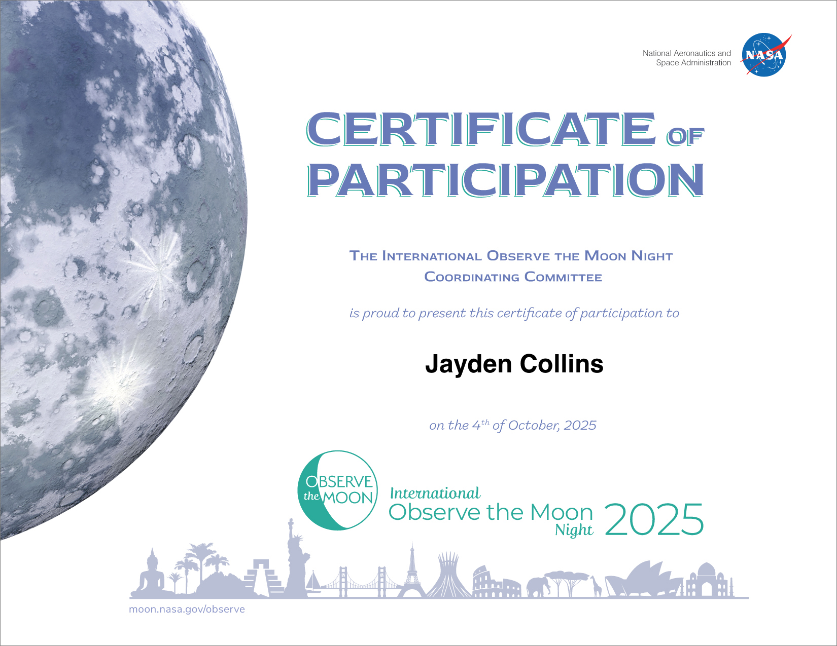 Certificate of Participation for Jayden Collins