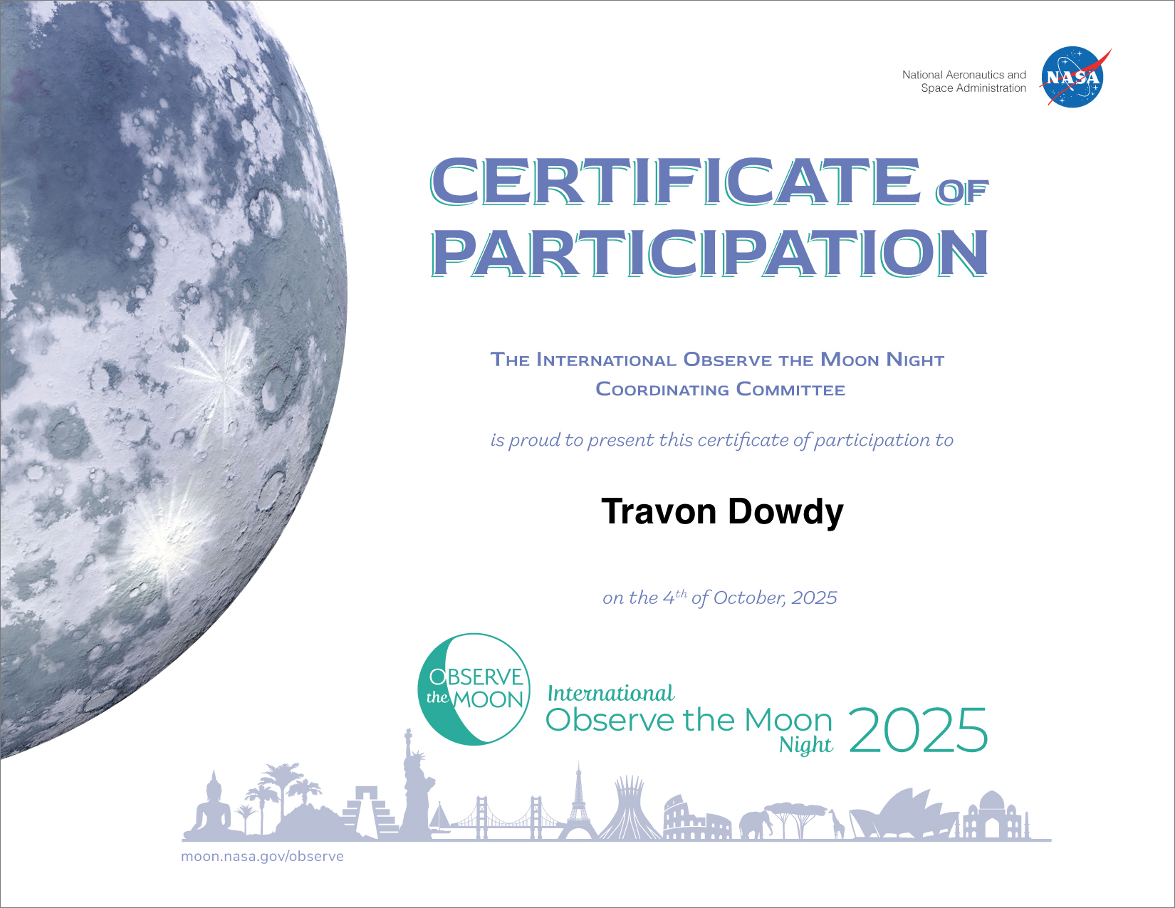 Certificate of Participation for Travon Dowdy