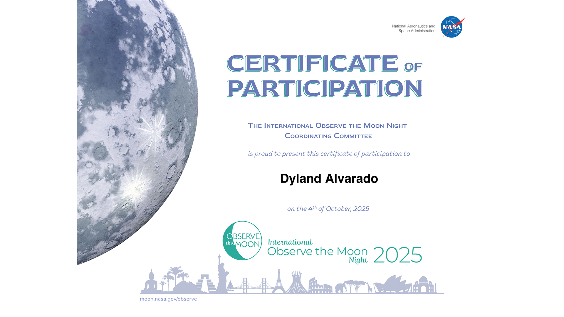 Certificate of Participation for Dyland Alvarado