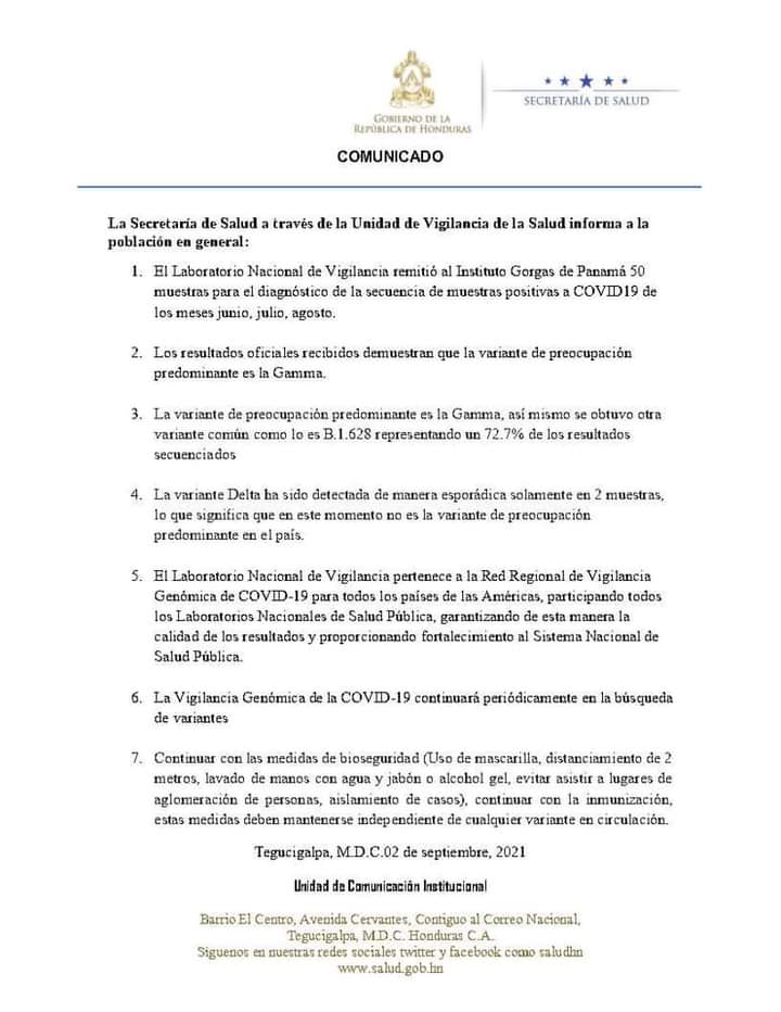 Comunicado de confirmación de la variante Delta del covid en Honduras