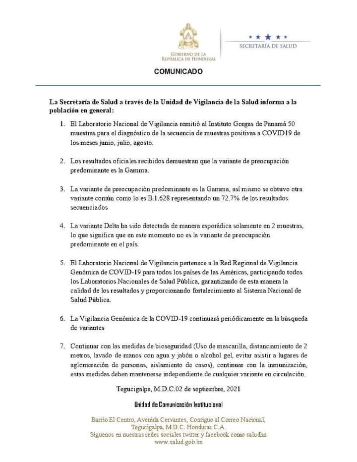 Comunicado de confirmación de la variante Delta del covid en Honduras 