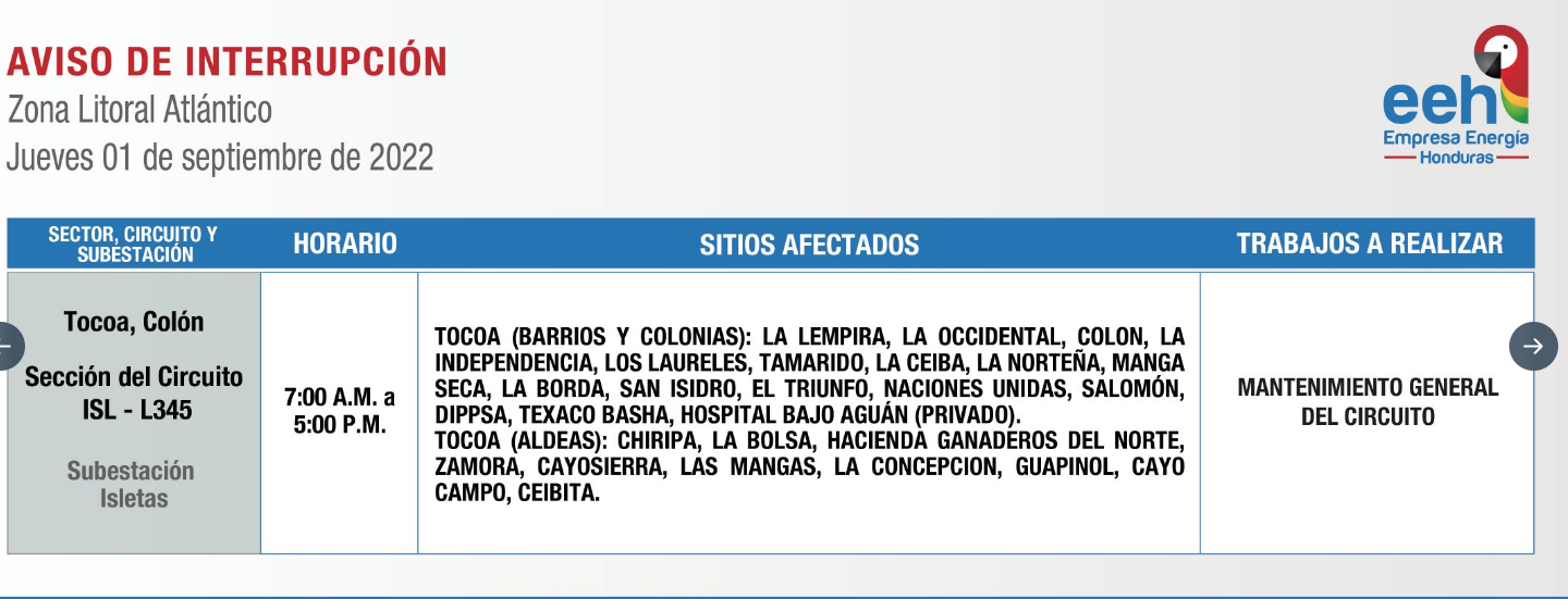 Los Cortes de luz en Tocoa serán desde las 7:00 am hasta las 5:00 pm. Foto: Twitter