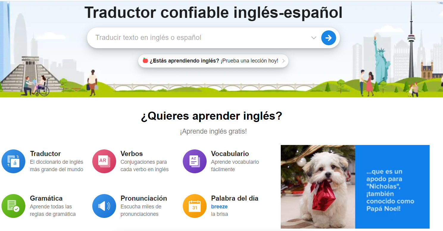 Imagen de la página inicial del traductor de Inglés.com Foto: Inglés.com