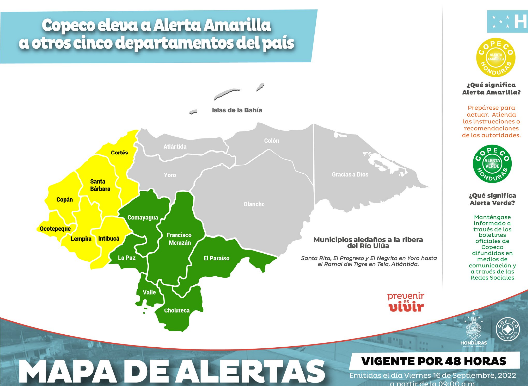 Mapa de alertas en Honduras vigente desde el viernes 16 hasta el domingo 18 de septiembre. Foto: Twitter