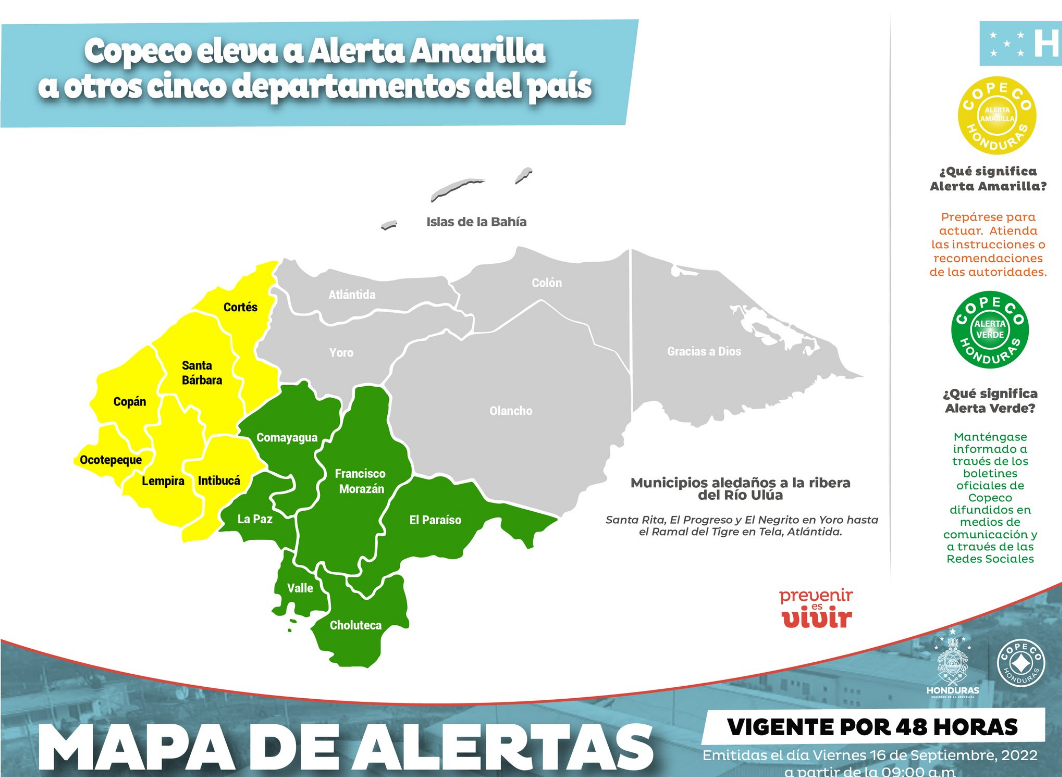 Mapa de alertas en Honduras vigente desde el viernes 16  hasta el domingo 18 de septiembre. Foto: Twitter