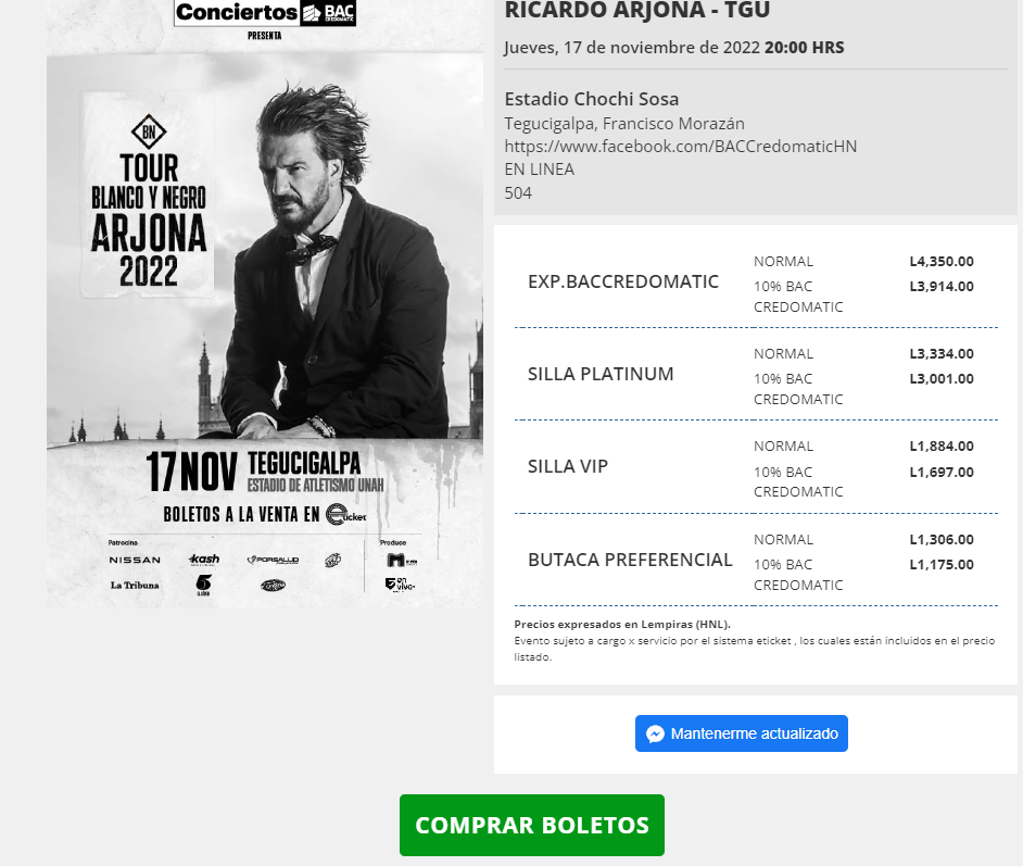 Página web de eticket para comprar el boleto para el concierto de Ricardo Arjona en Tegucigalpa. Foto: eticket.