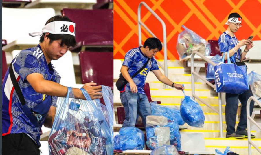 Japoneses limpiando el estadio Khalifa después del partido de Japón con Alemania. Foto: Prensa Libre