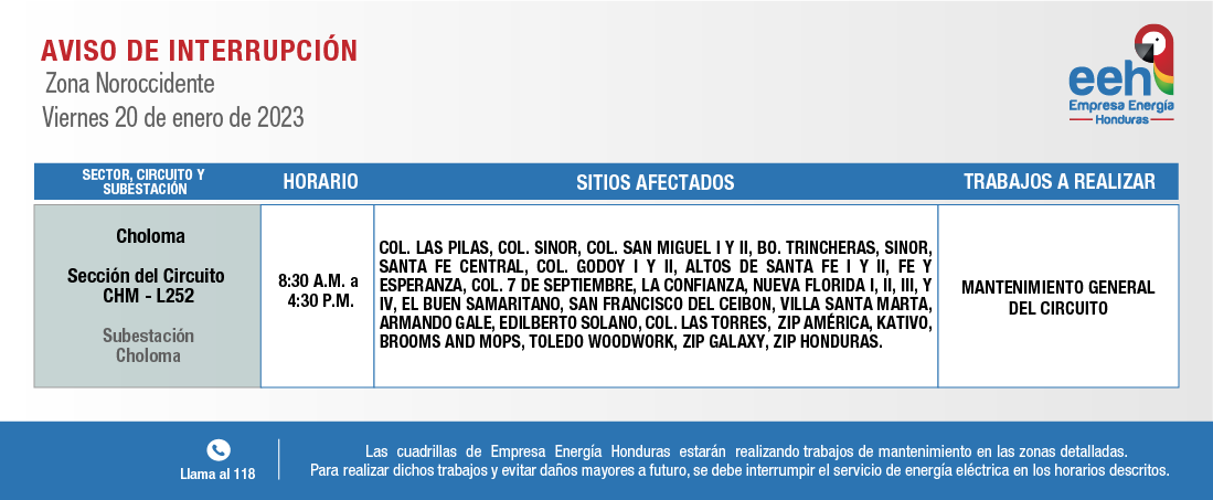 Horarios programados corte de luz