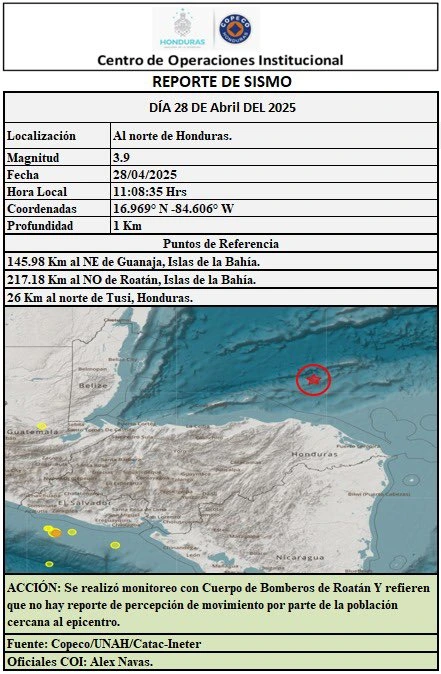 El sismo localizado en el norte de Honduras, a 26 km al norte de Tusi, Gracias a Dios. Foto: cortesía de Copeco