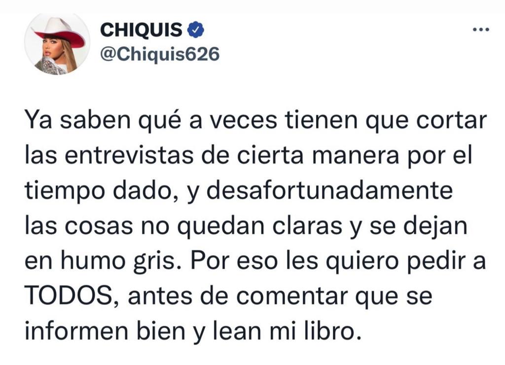 Chiquis Rivera solicitó que lean su nuevo libro antes de opinar de su vida personal. En el escrito dará ha conocer detalles de su exmatrimonio