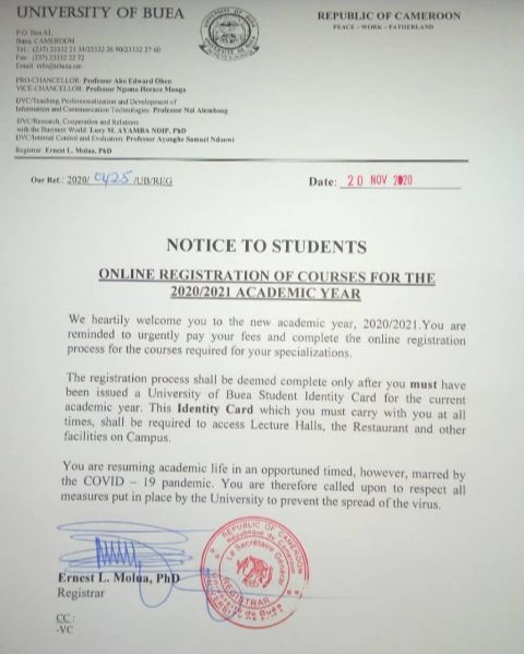 Notice from the Registrar