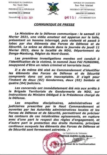Communiqué du ministre délégué à la présidence chargé de la défense (Cameroun)