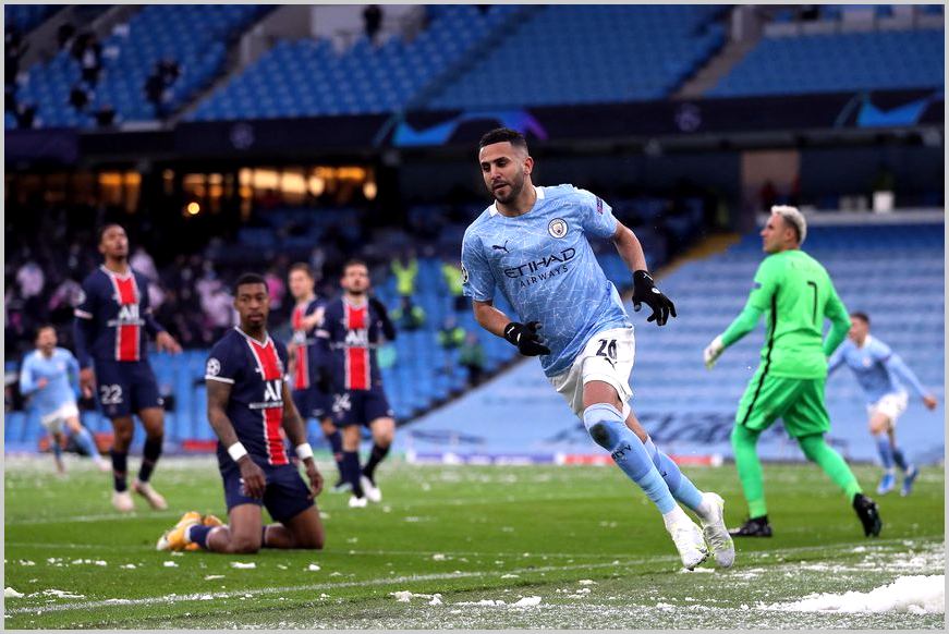 Ryad Mahrez après son premier but lors de la demi-finale retour contre le Paris Saint-Germain (2-0). Crédit: leparisien.fr /Image reprise sous autorisation