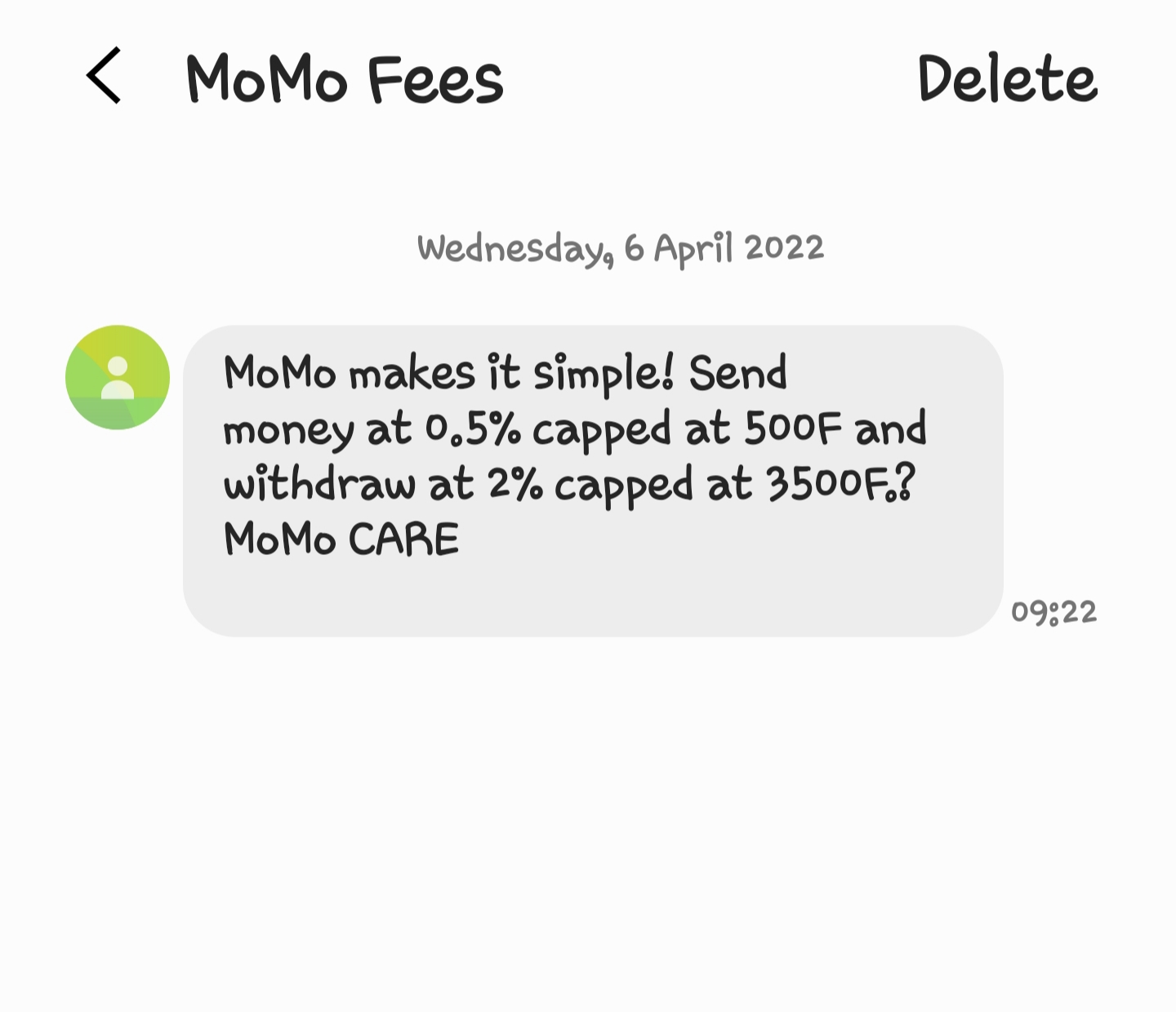 An SMS from MTN stating a capping on sending fees.