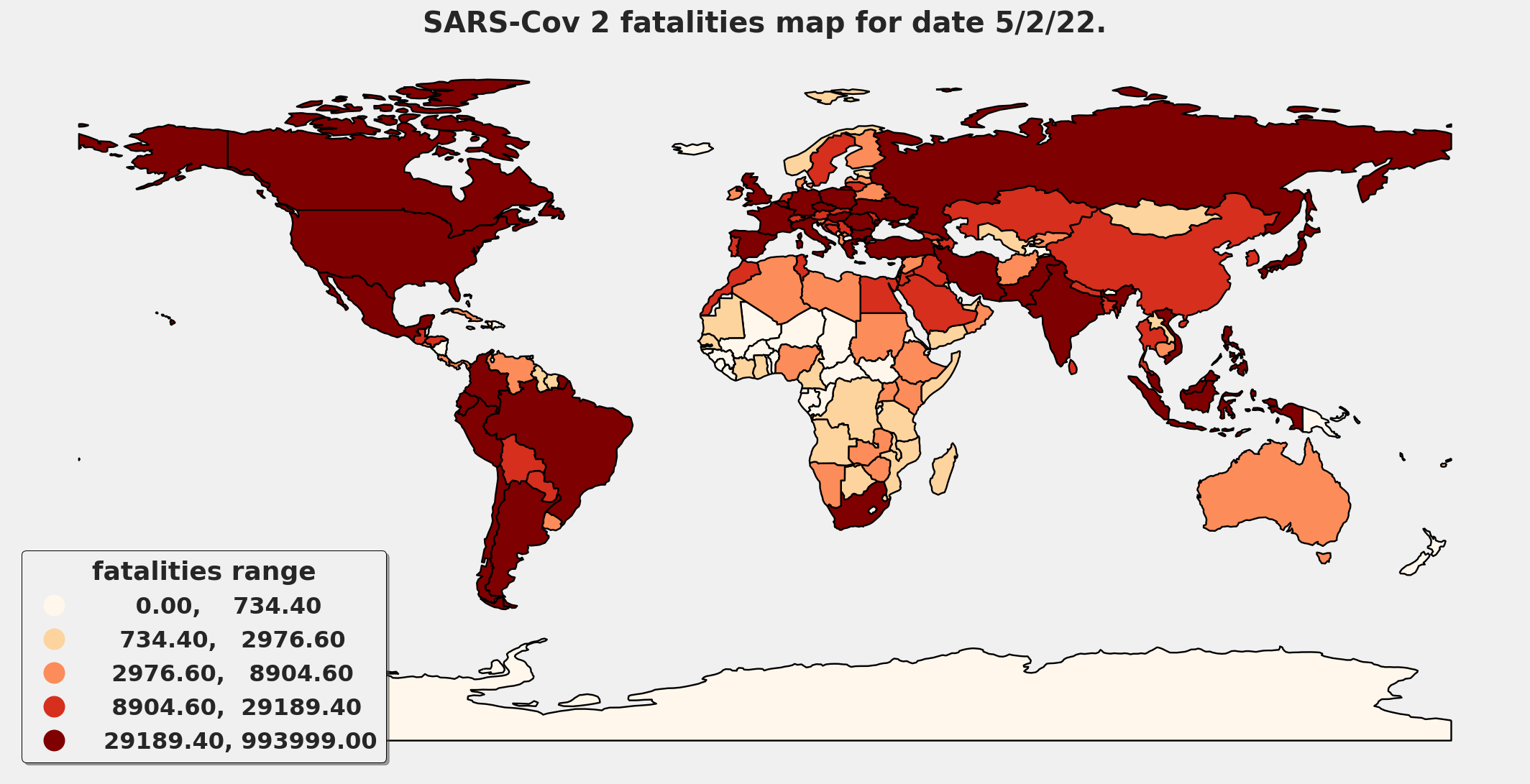 Voici la carte mondiale des décès dus au Covid 19 et de ses variantes. Le rouge foncé indique les pays avec plus de décès.
