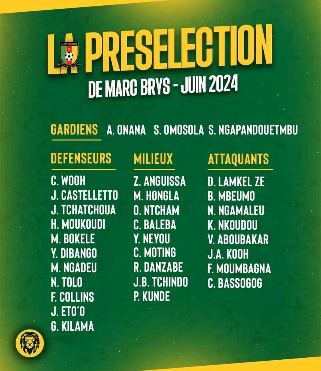 La liste des 28 joueurs présélectionnés par Marc Brys, avec le retour de Ngadeu...&nbsp;