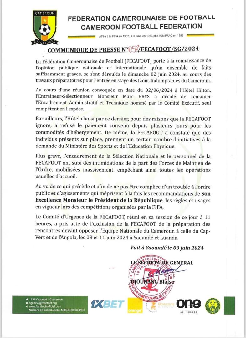 La Fécafoot se désengage des deux prochaines rencontres des lions&nbsp;