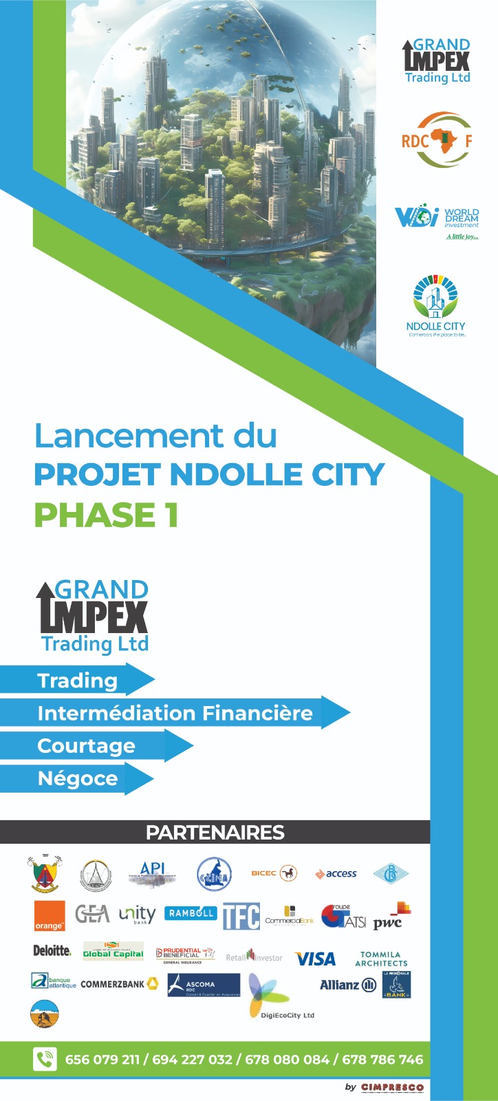 Maquette du projet futuriste Ndolle City avec les logos des différents partenaires&nbsp;