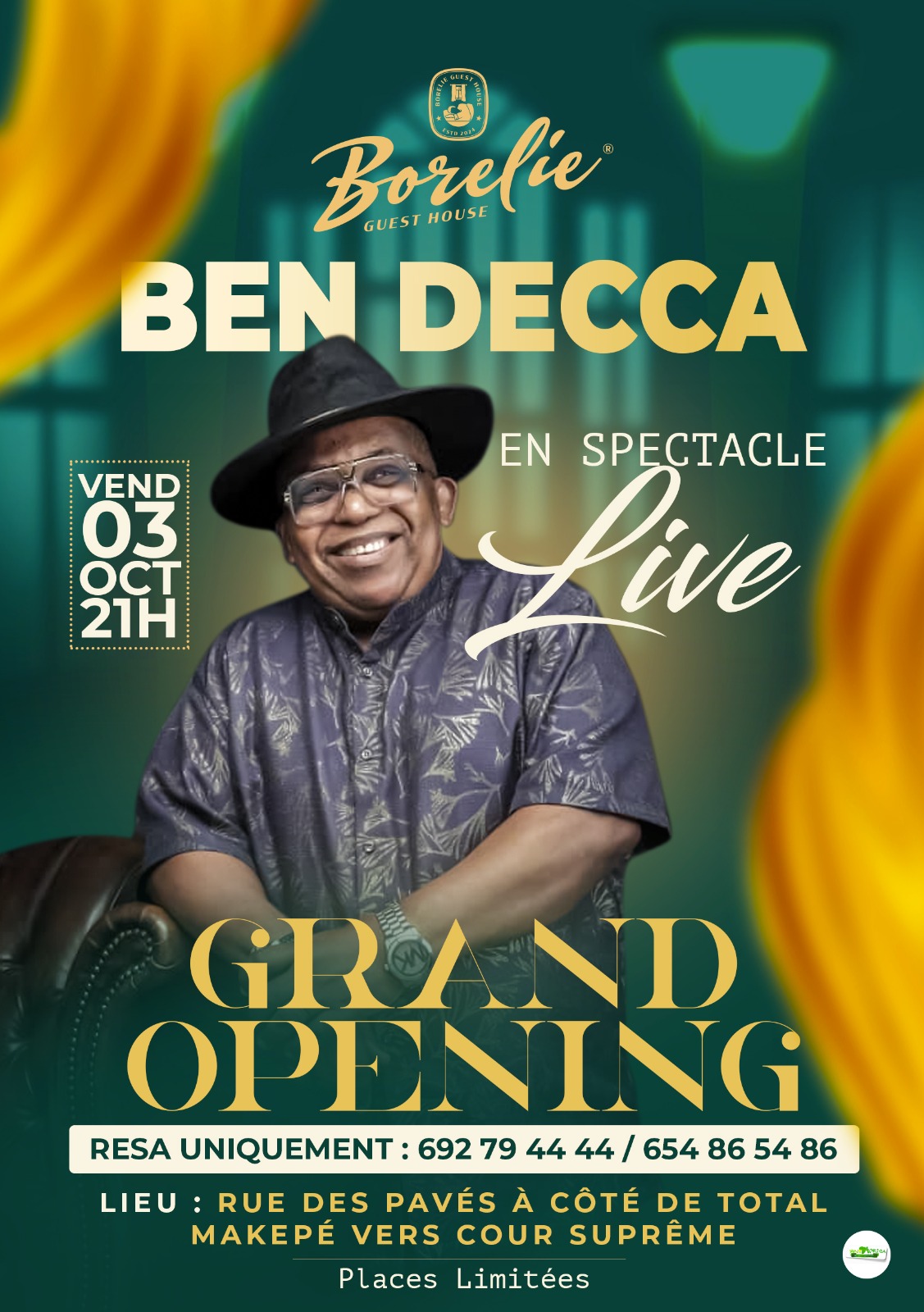 Le patriarche BEN DECCA À BORELIE GUEST HOUSE ce vendredi 03 octobre dès 21H&nbsp;