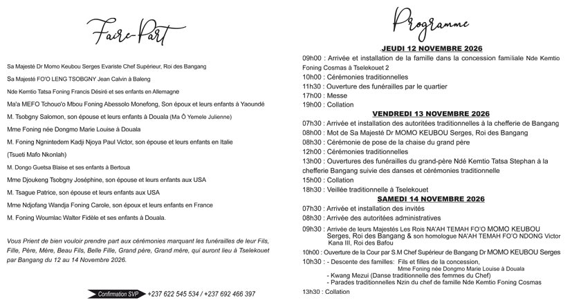 Programme des funérailles