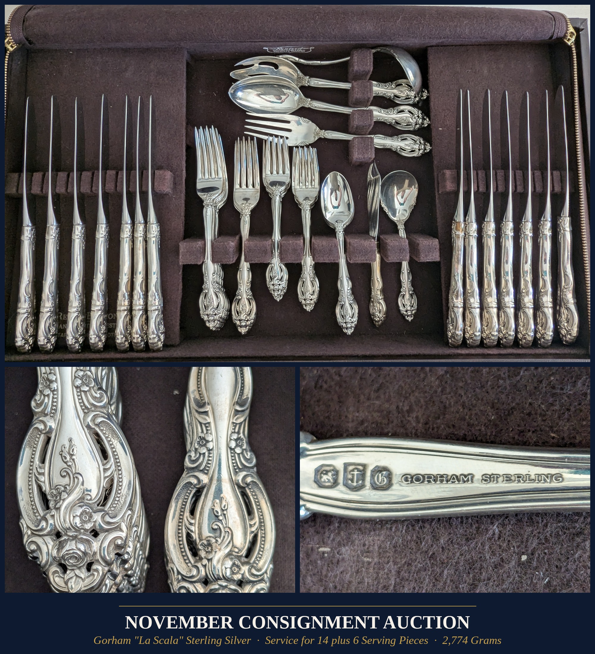 Sterling silver flatware set promoting the Cardinal Auction Services November consignment auction